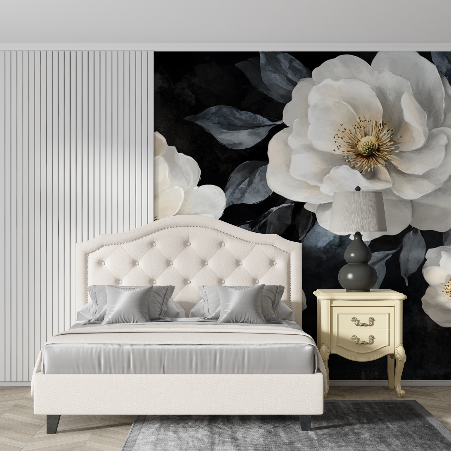 Papier peint aquarelle fleurs blanches et noires design