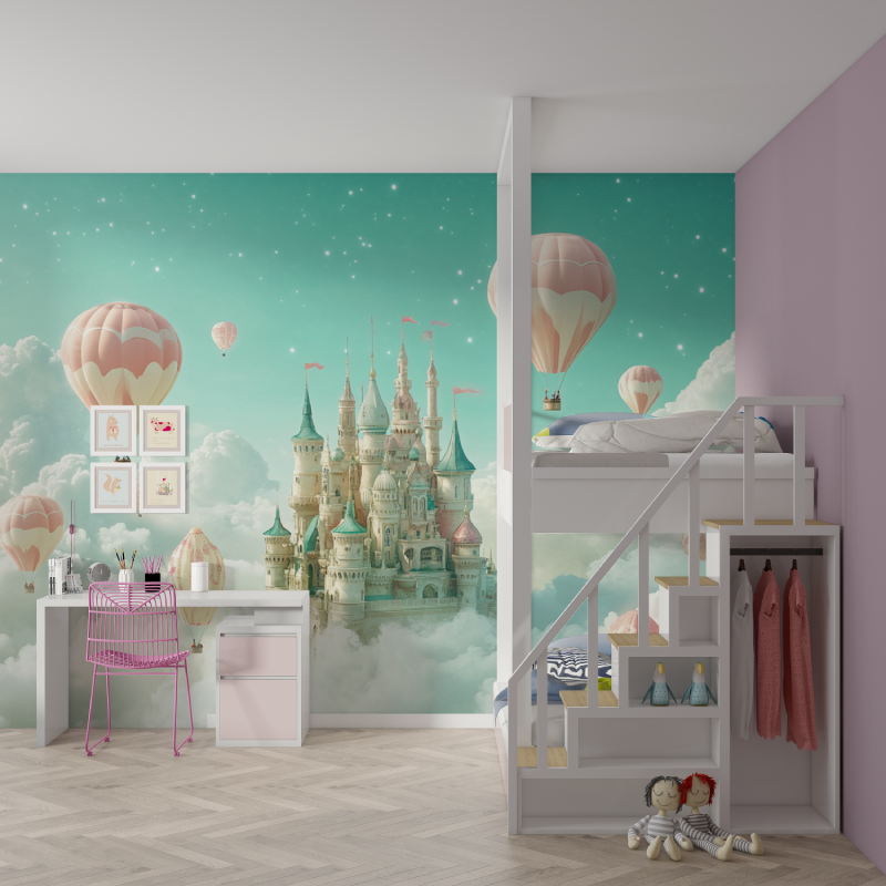 Papier peint princesse ciel ver... chateau mur chambre fille