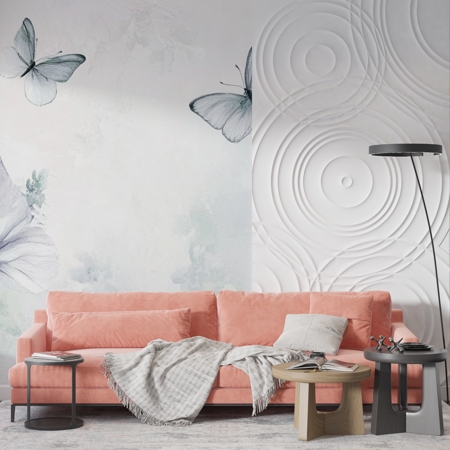 Papier peint aquarelle herbes et papillons aeriens mur