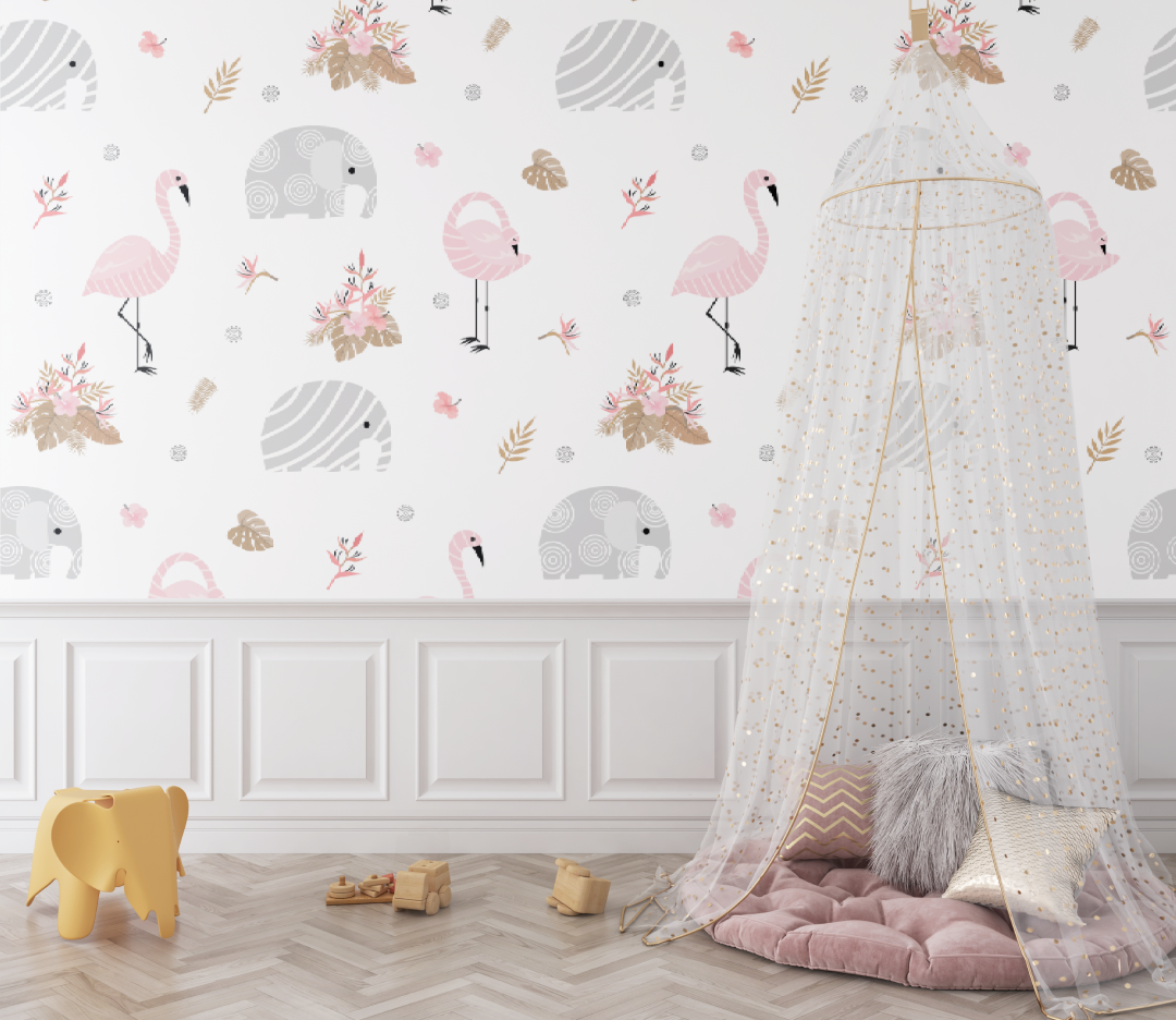 Papier peint bébé Flamant rose blanc - bebe tipi