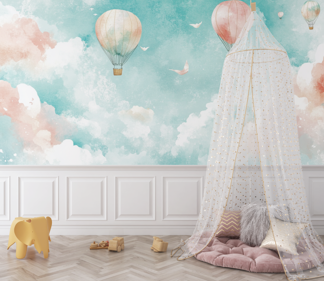 Papier peint montgolfiere et paysages oniriques bebe
