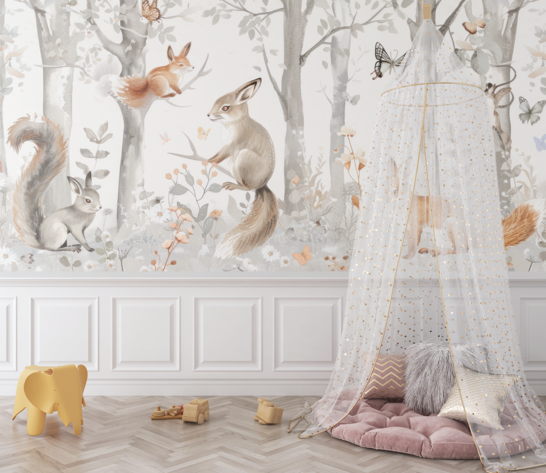 Papier peint tapisserie renard foret bebe