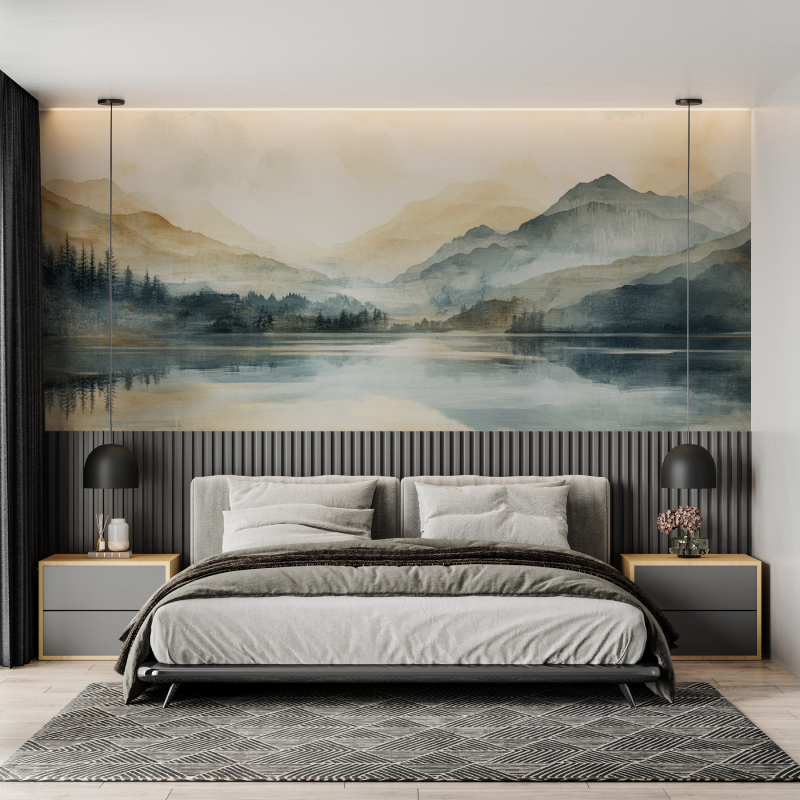 Papier peint aquarelle paysage lacustre mural adulte