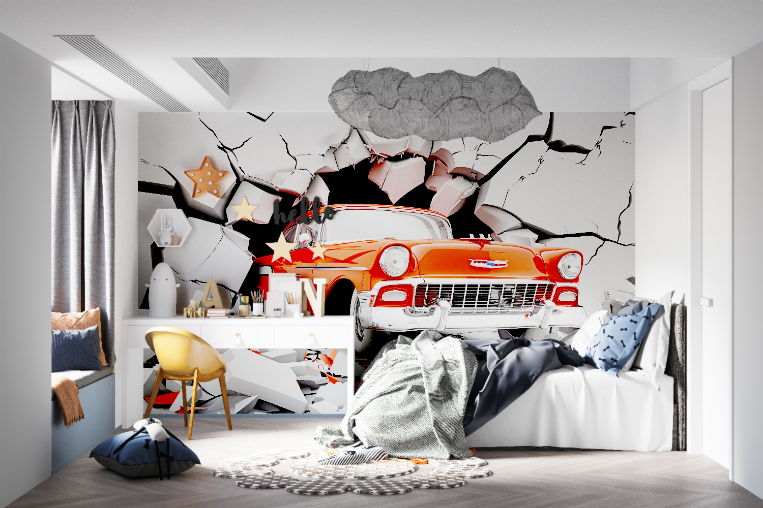 Papier peint trompe loeil voiture rouge tapisseries murale