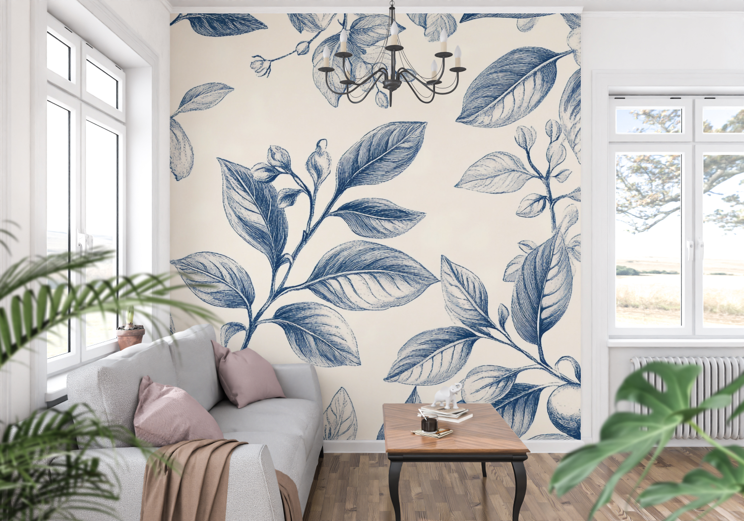 Papier Peint Toile De Jouy Motif Fleurs - panoramique-mur