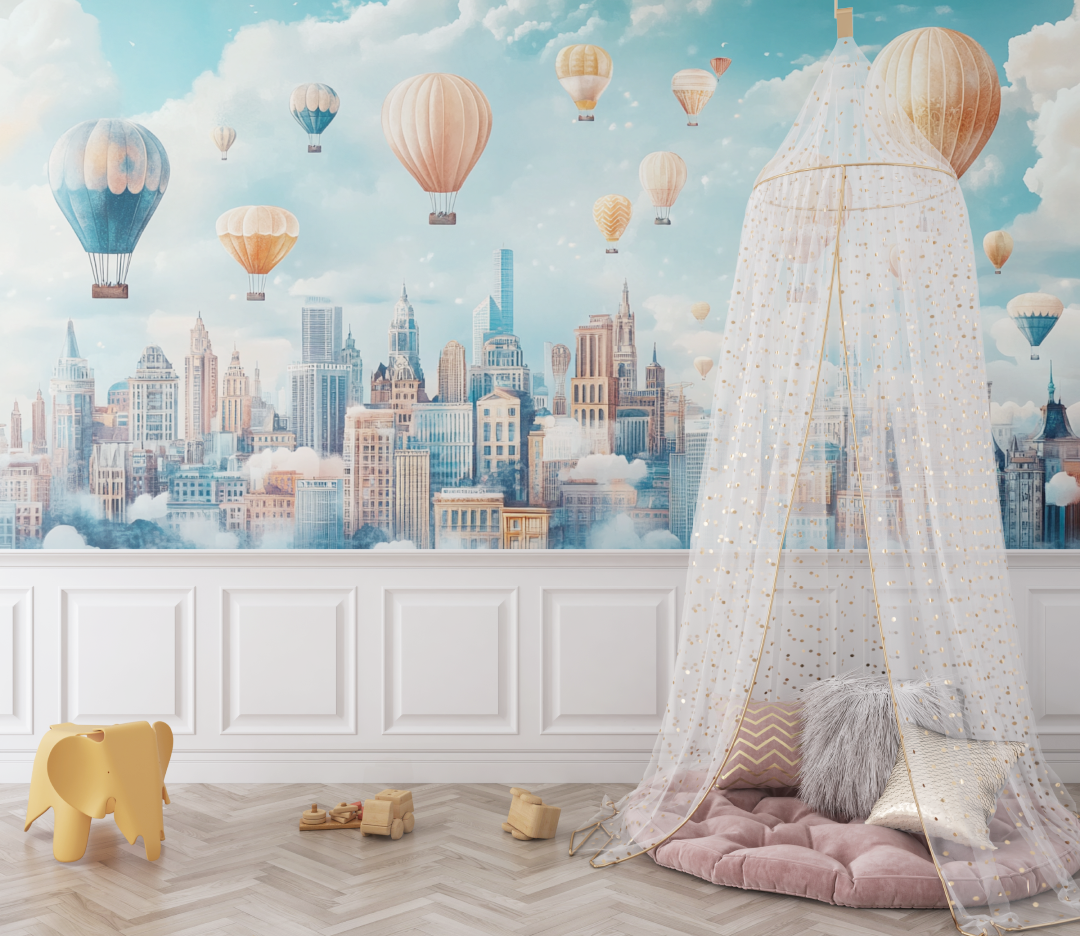 Papier peint montgolfiere et paysages urbains stylises bebe
