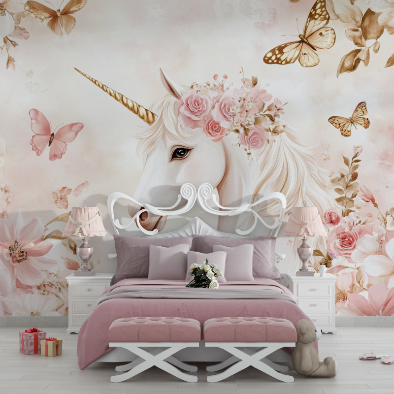 Papier peint licorne princesse ...ites fleurs chambre filles