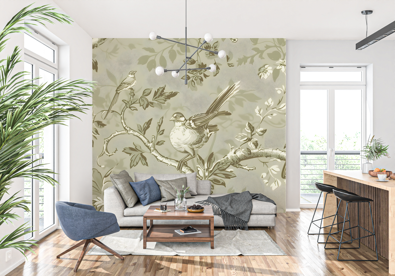 Papier Peint Toile De Jouy Branche Oiseau - panoramique-mur