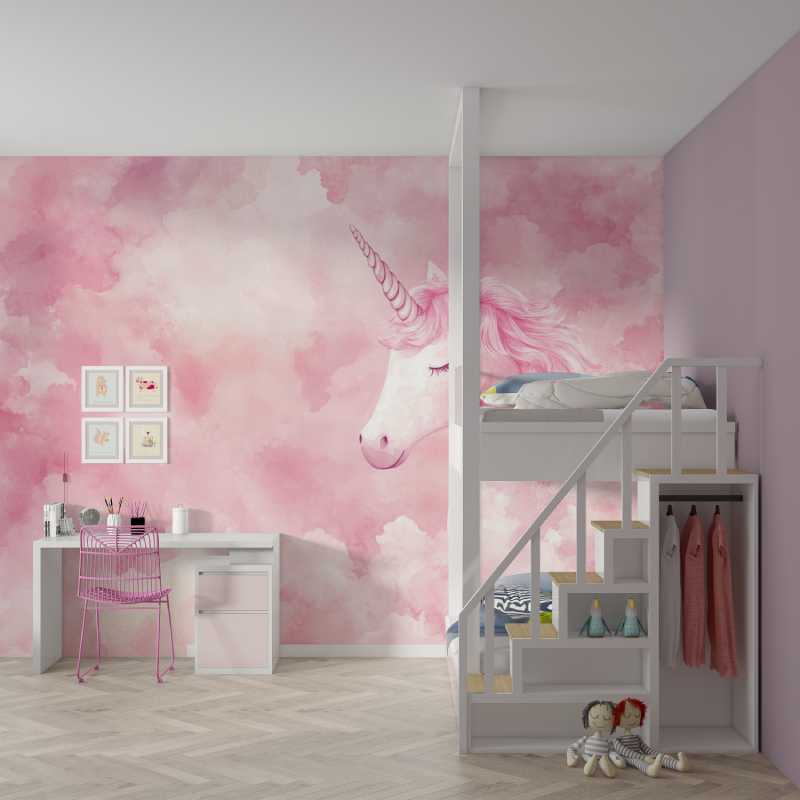 Papier peint tapisserie licorne...es roses mur chambre fille