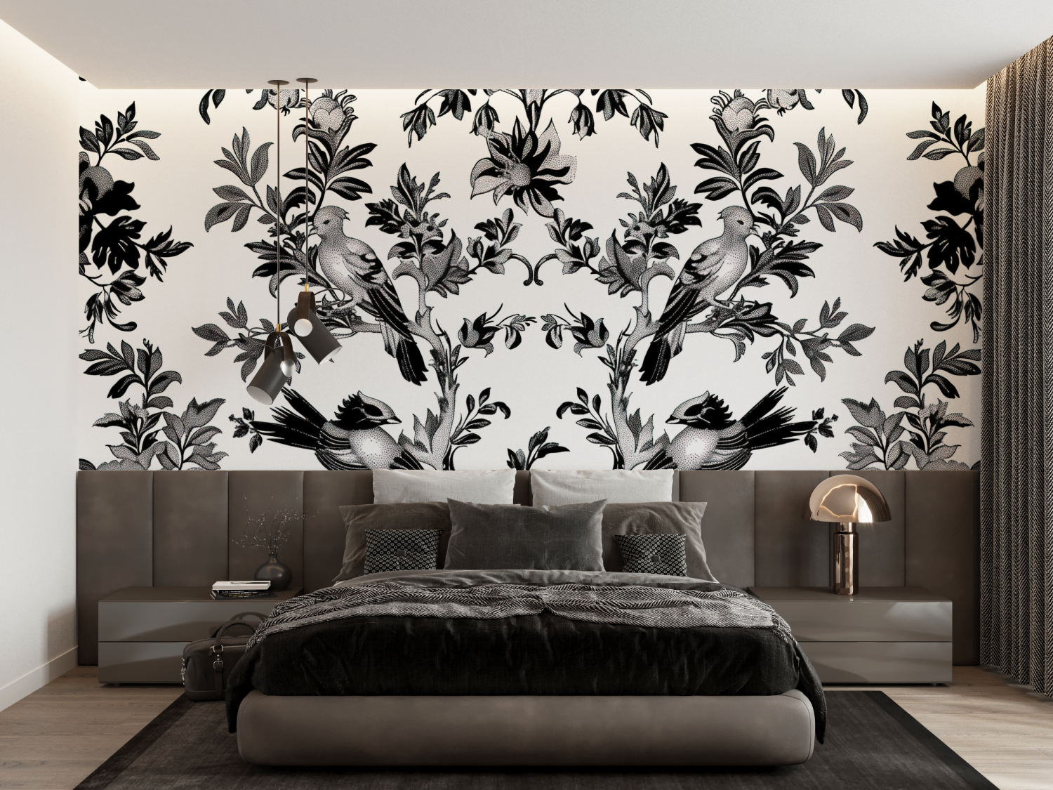 Papier Peint Toile De Jouy Noir Et Blanc - trompe l'oeil