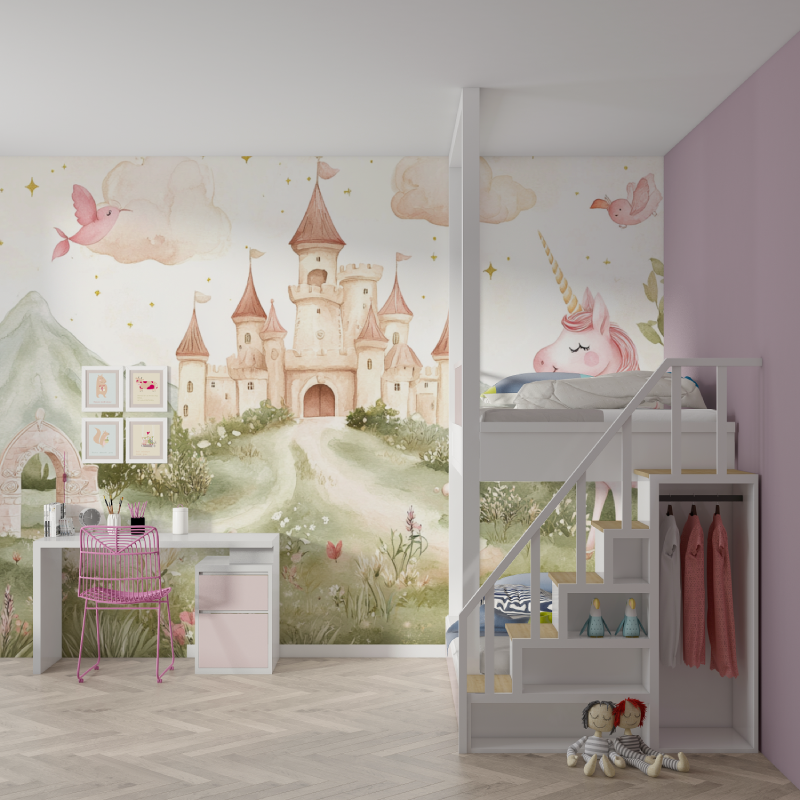 Papier peint decoration licorne... chateau mur chambre fille