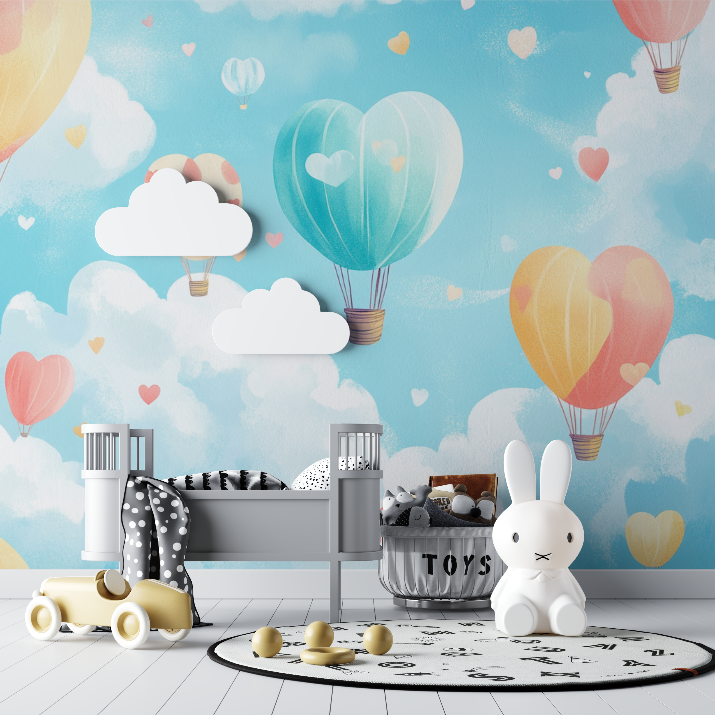 Papier peint montgolfiere et petits curs bebe tipi
