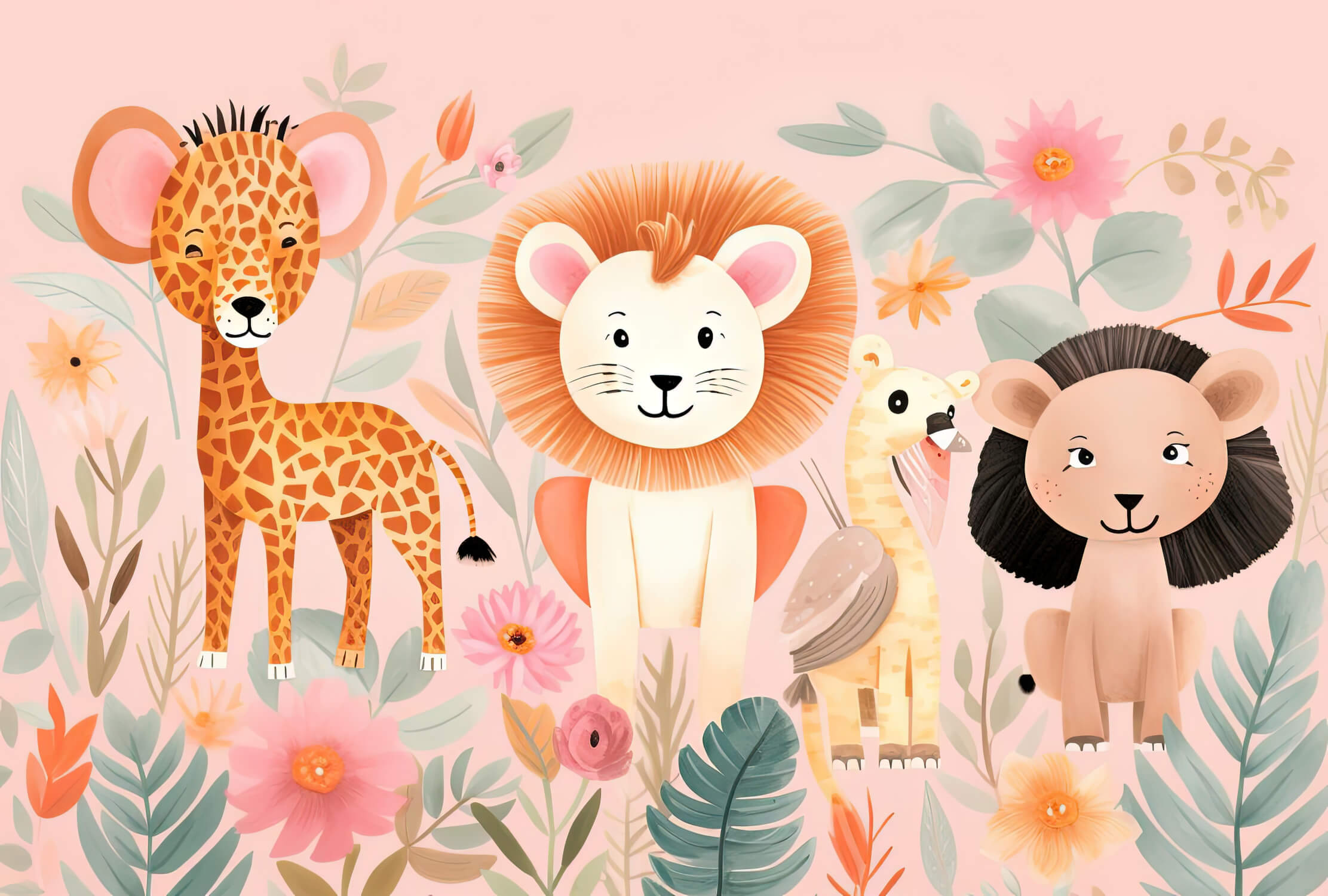 Papier Peint Lion Tropicale Rose