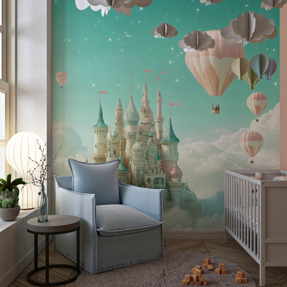 Papier peint princesse ciel vert et chateau chambre de fille