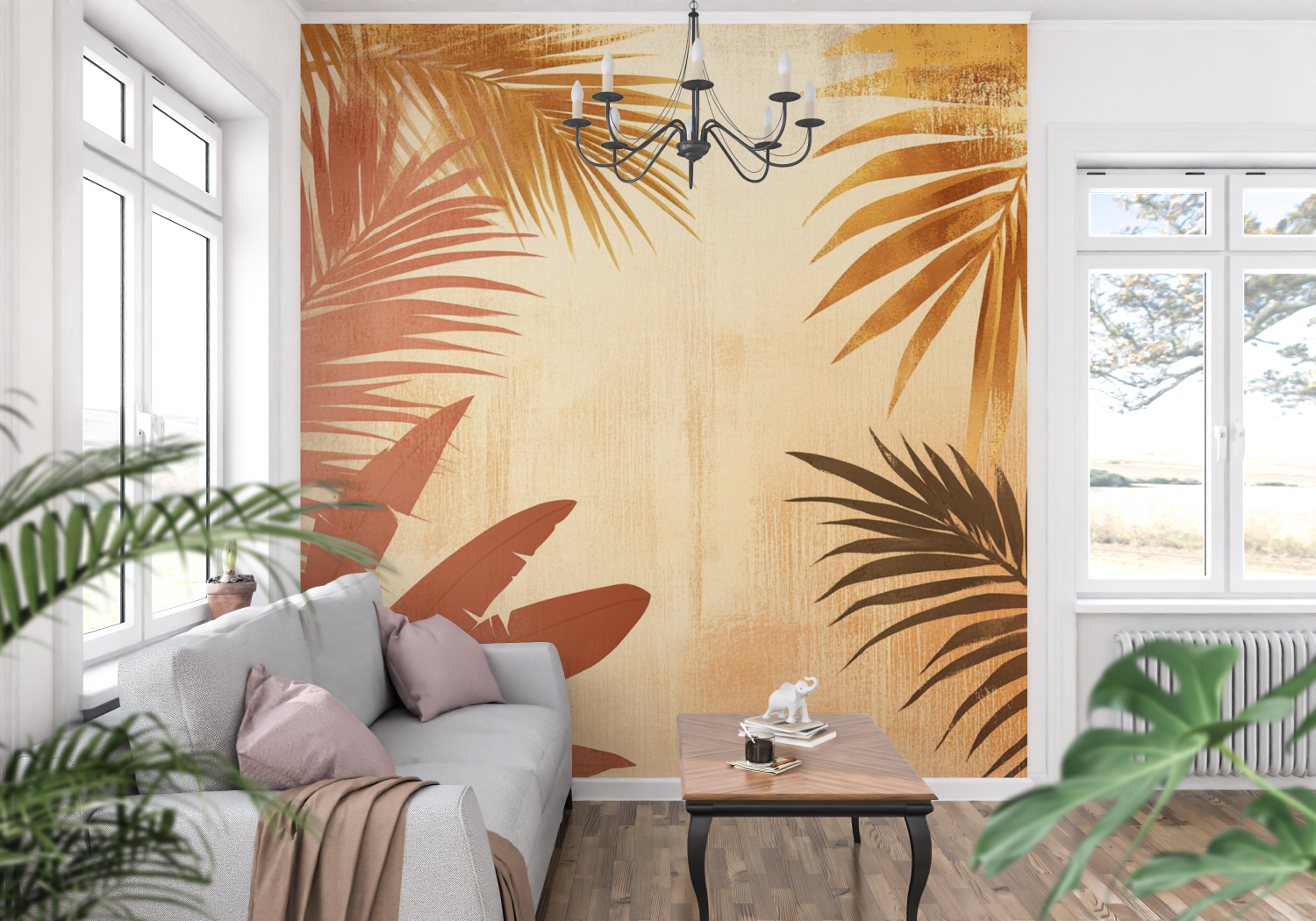 Papier peint terracotta avec pa...s stylises panoramique mur