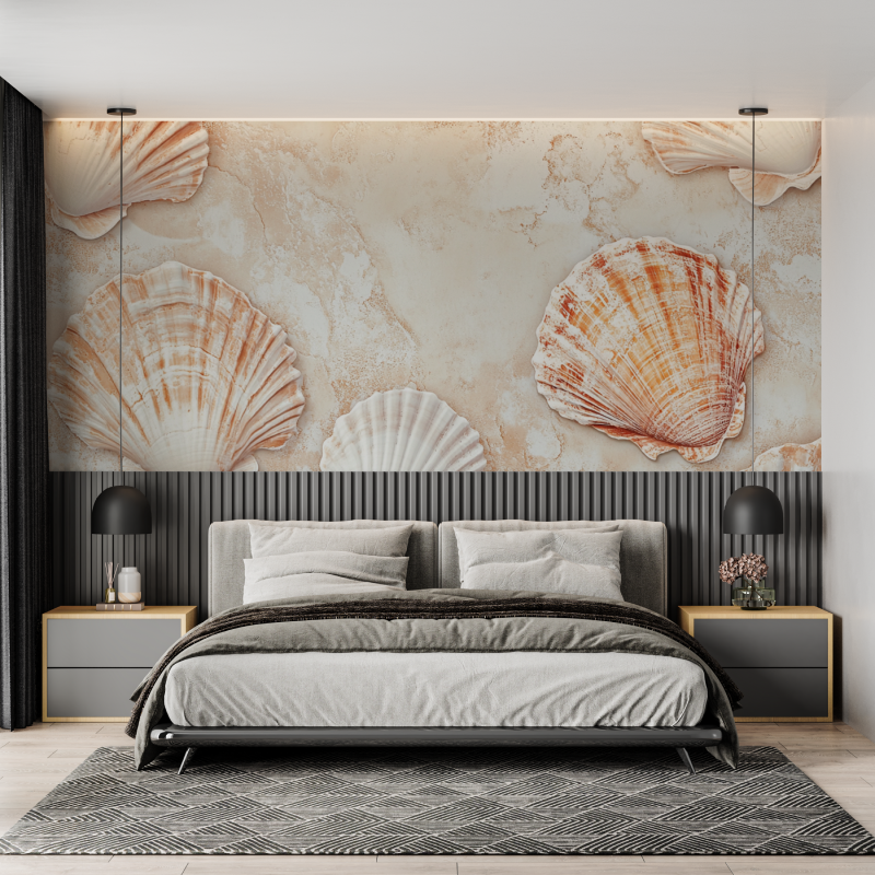 Papier peint terracotta avec mo...e coquillages mural adulte
