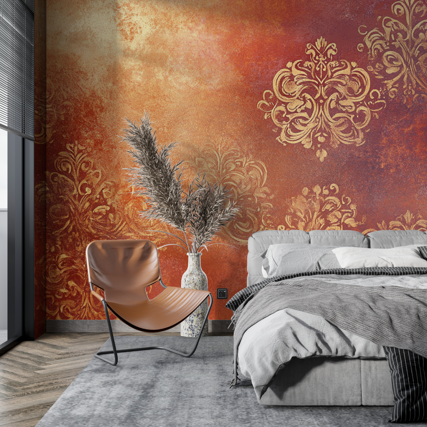 Papier peint terracotta et dore tapisserie pano