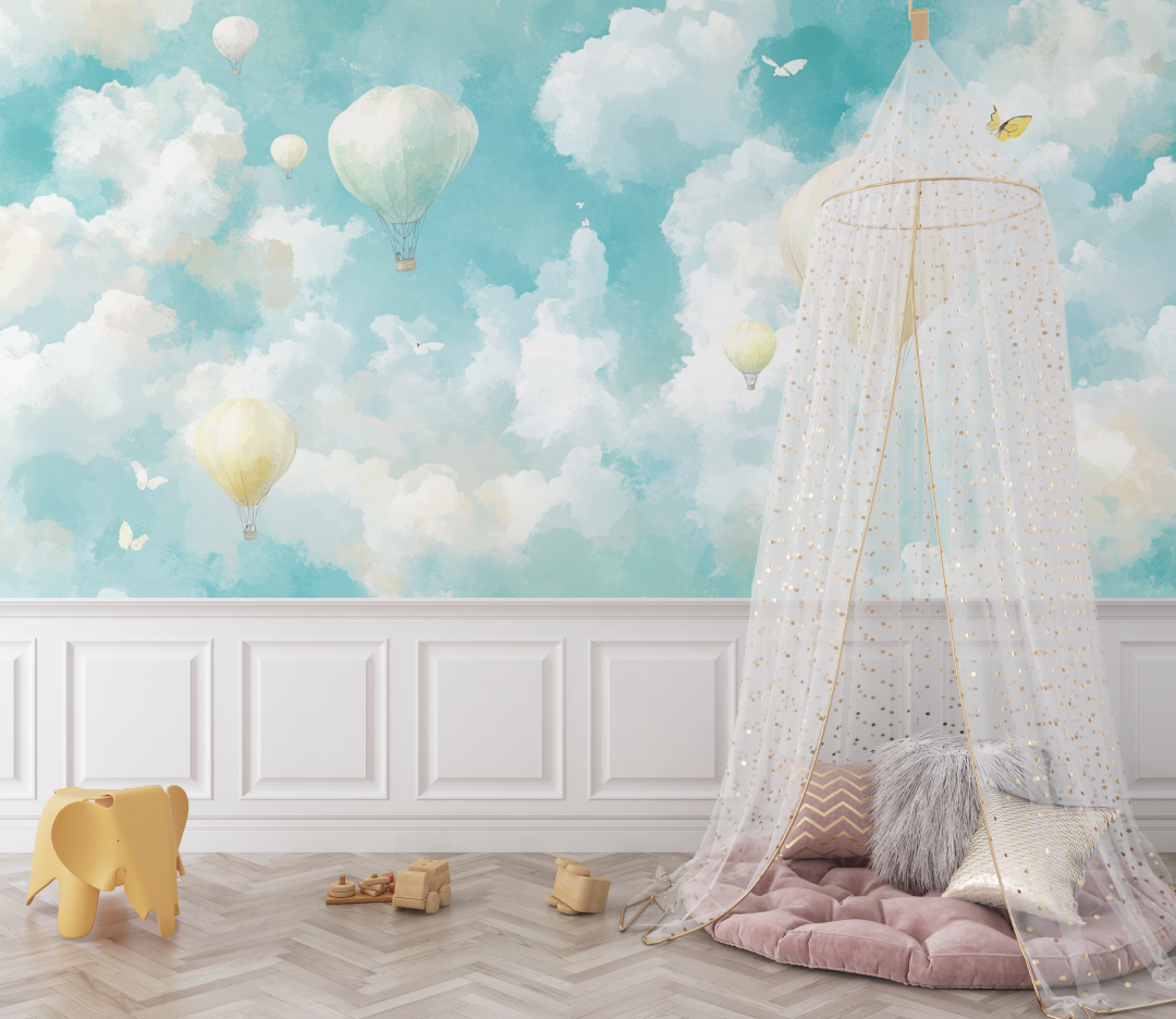 Papier peint montgolfiere et papillons legers bebe