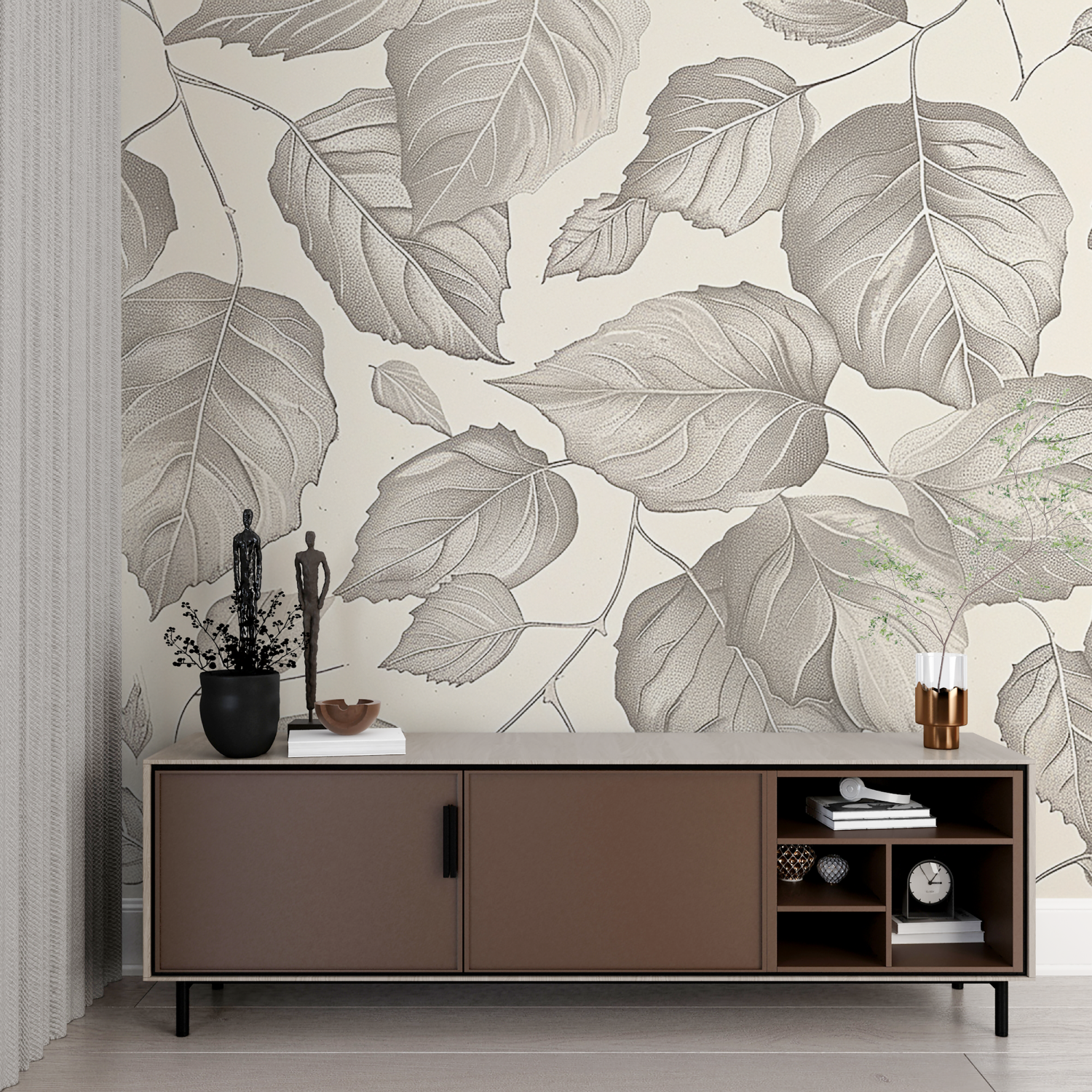 Papier Peint Feuilles Gris - contemporain