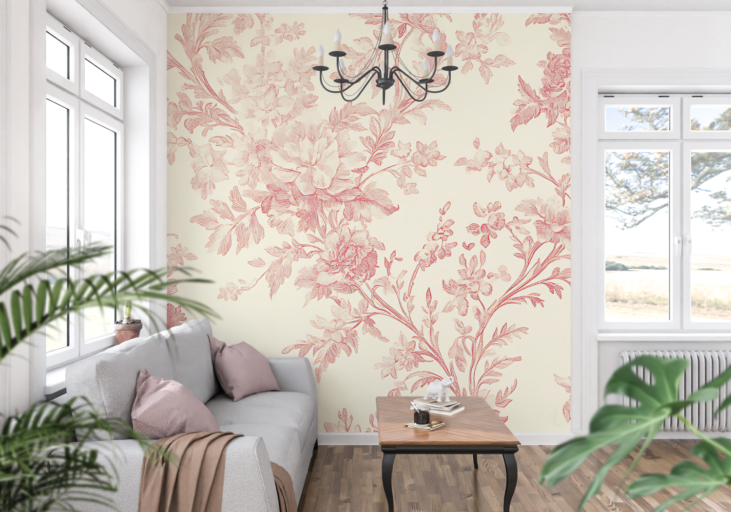 Papier Peint Imitation Toile De Jouy Rose - francais