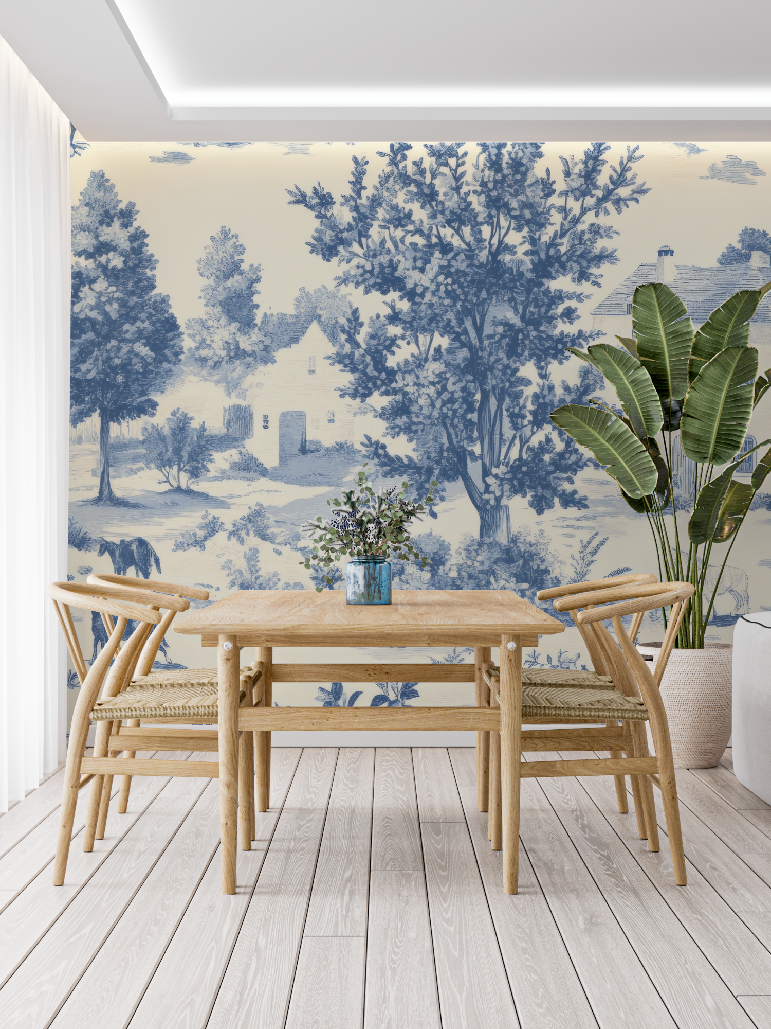 Papier Peint Toile De Jouy Bleu Art - francais