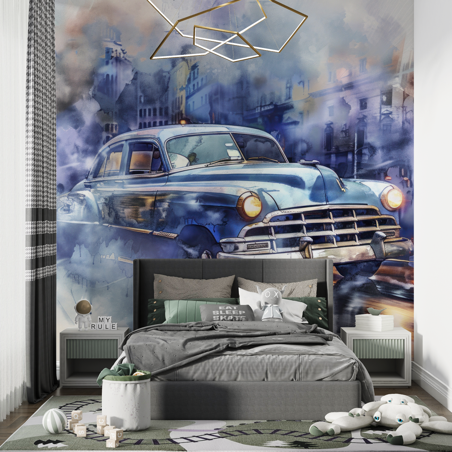 Papier peint bleue voiture cuba...quarelle chambre de garcon