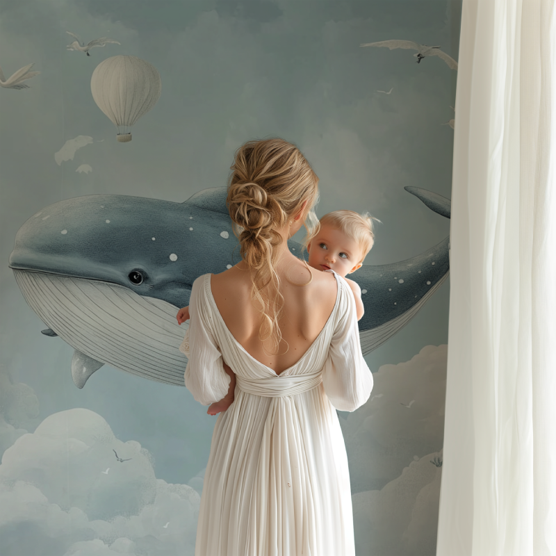 Papier peint marin baleine grise nuage bb123