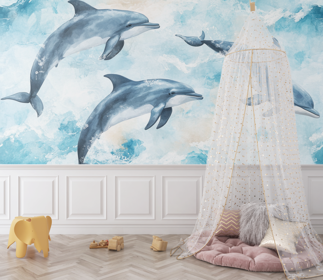 Papier peint marin aquarelle dauphins joyeux bebe
