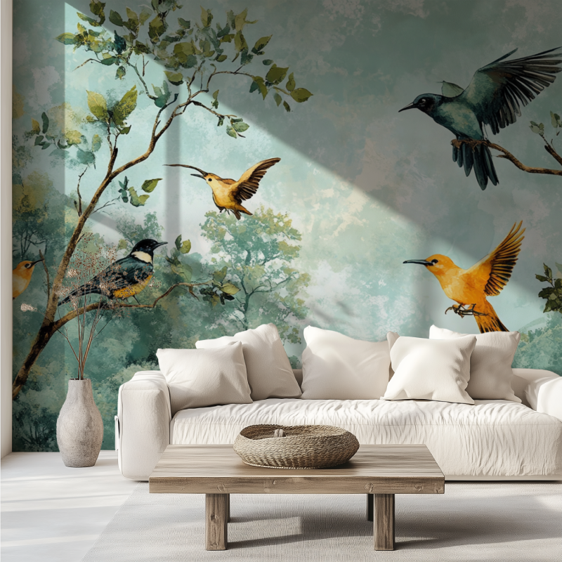 Papier peint arbre aux oiseaux canape tendance