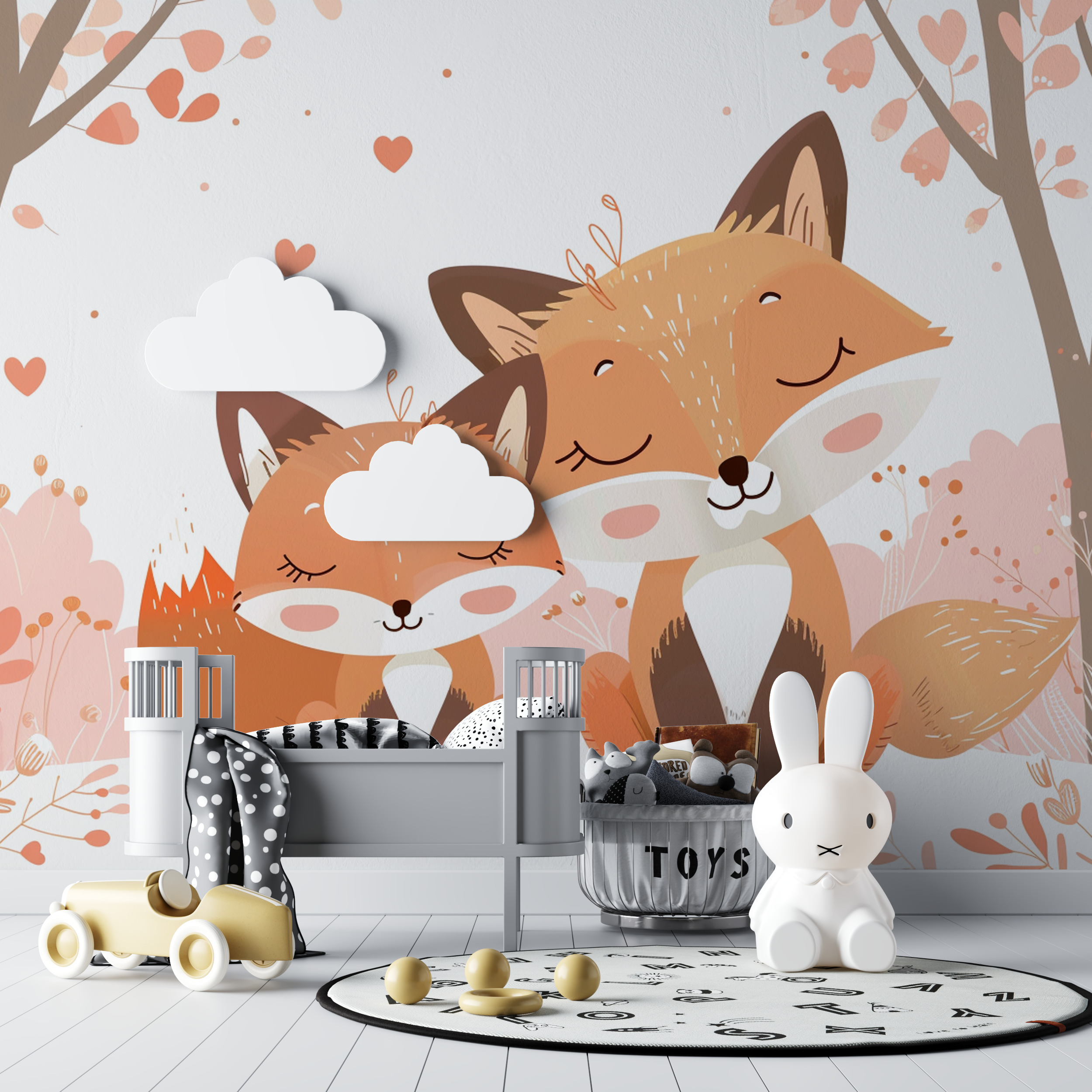 Papier peint renard couple bebe tipi