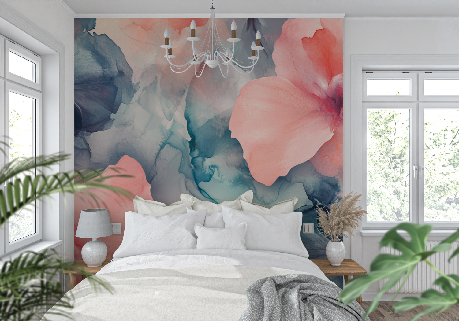 Papier peint aquarelle petales ...ts et fluides tendance mur