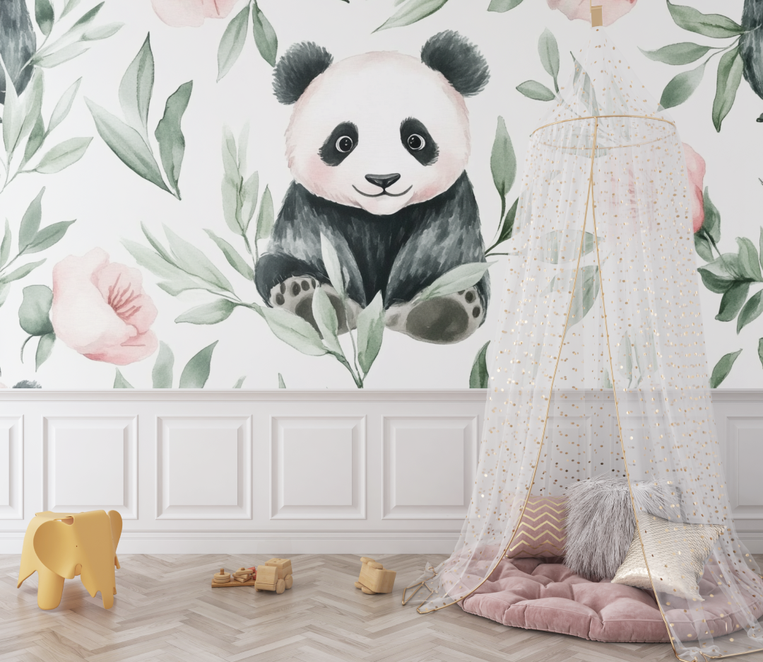 Papier peint panda et feuillage aquarelle bebe