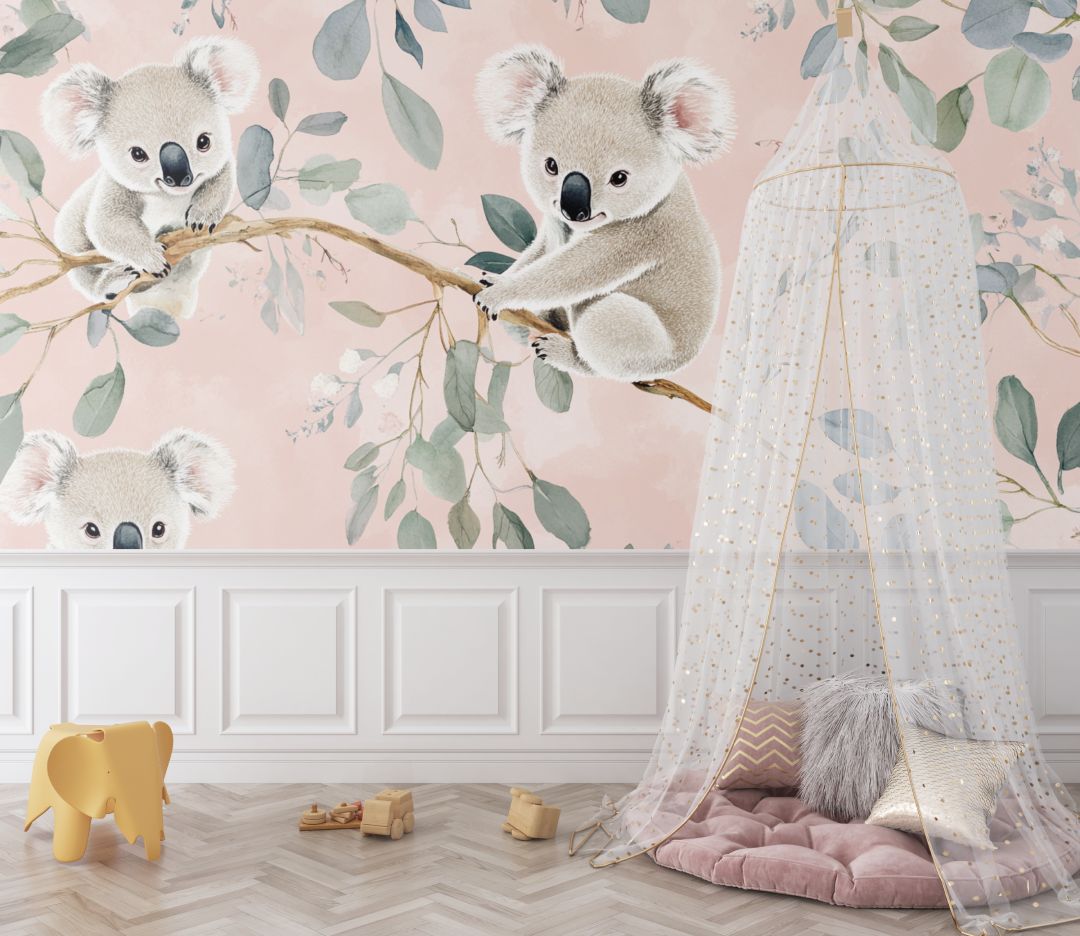 Papier peint koala sur fond rose poudre bebe