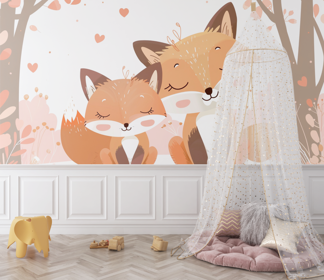 Papier peint renard couple bebe