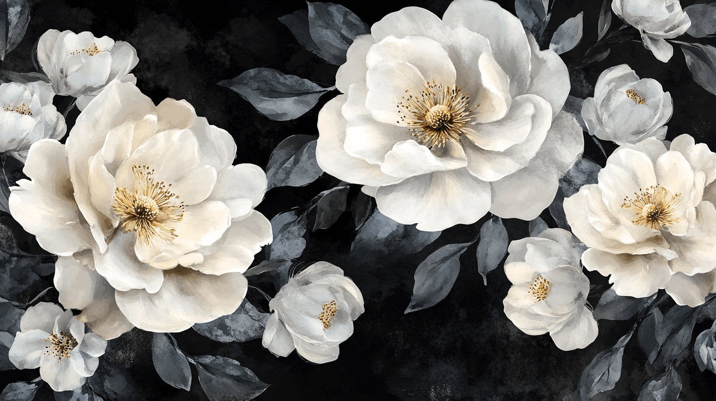 Papier Peint Aquarelle Fleurs Blanches Et Noires