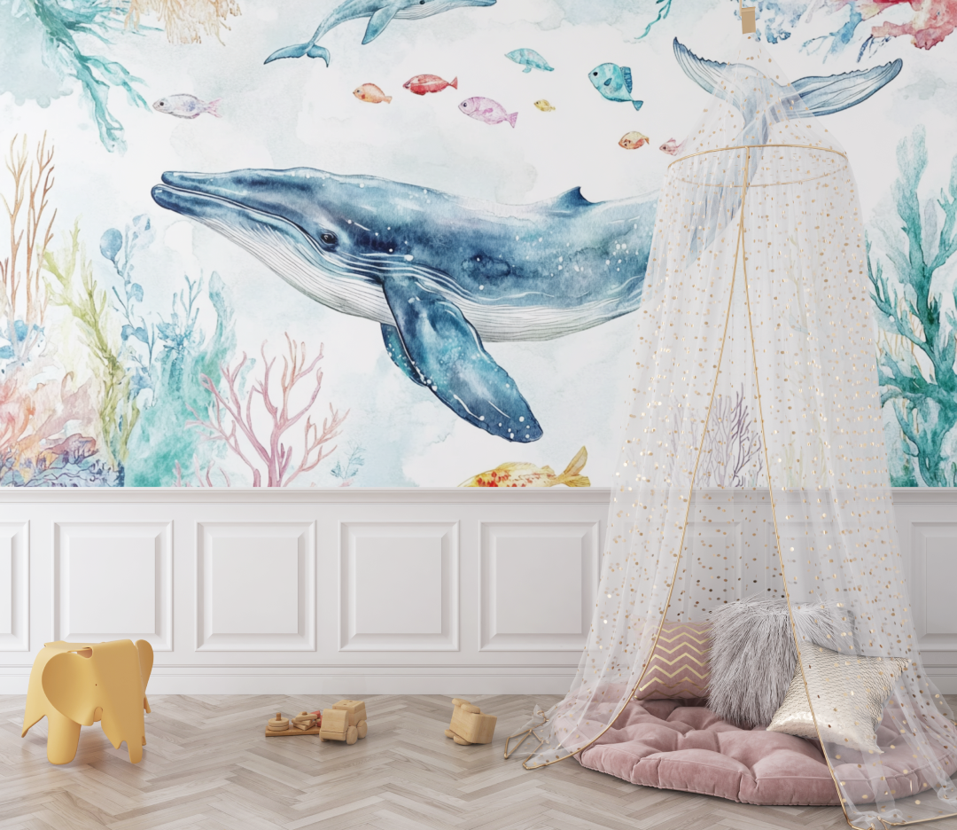 Papier peint marin baleine et fond de mer bebe