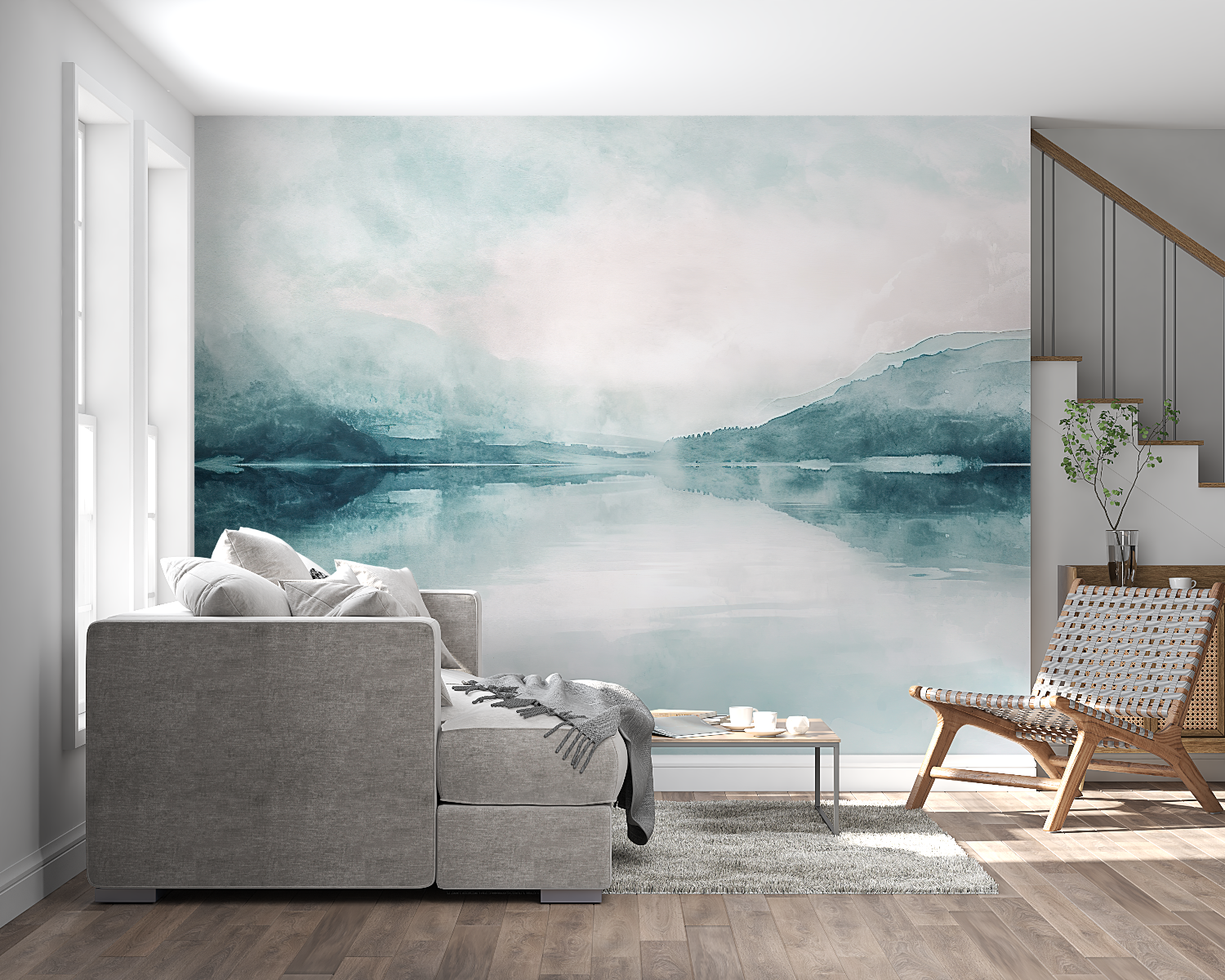 Papier peint aquarelle lac brumeux panoramique mural