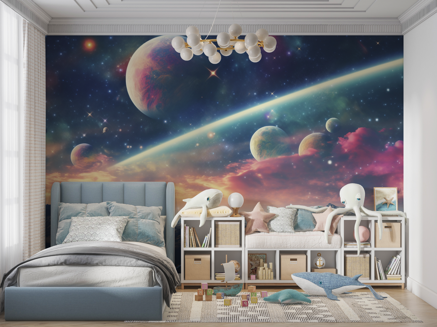Papier peint espace nebuleuse et planetes panoramique garcon