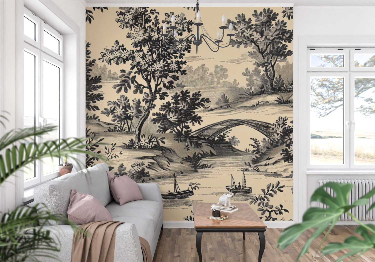 Papier Peint Toile De Jouy Pont Noir - panoramique-mur