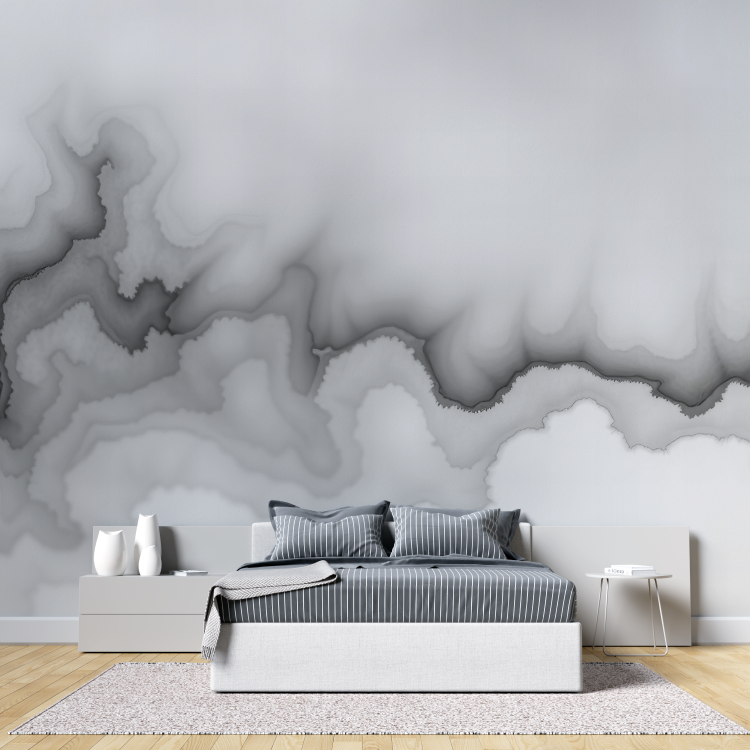 Papier peint aquarelle nuages noir et blanc tete de lit