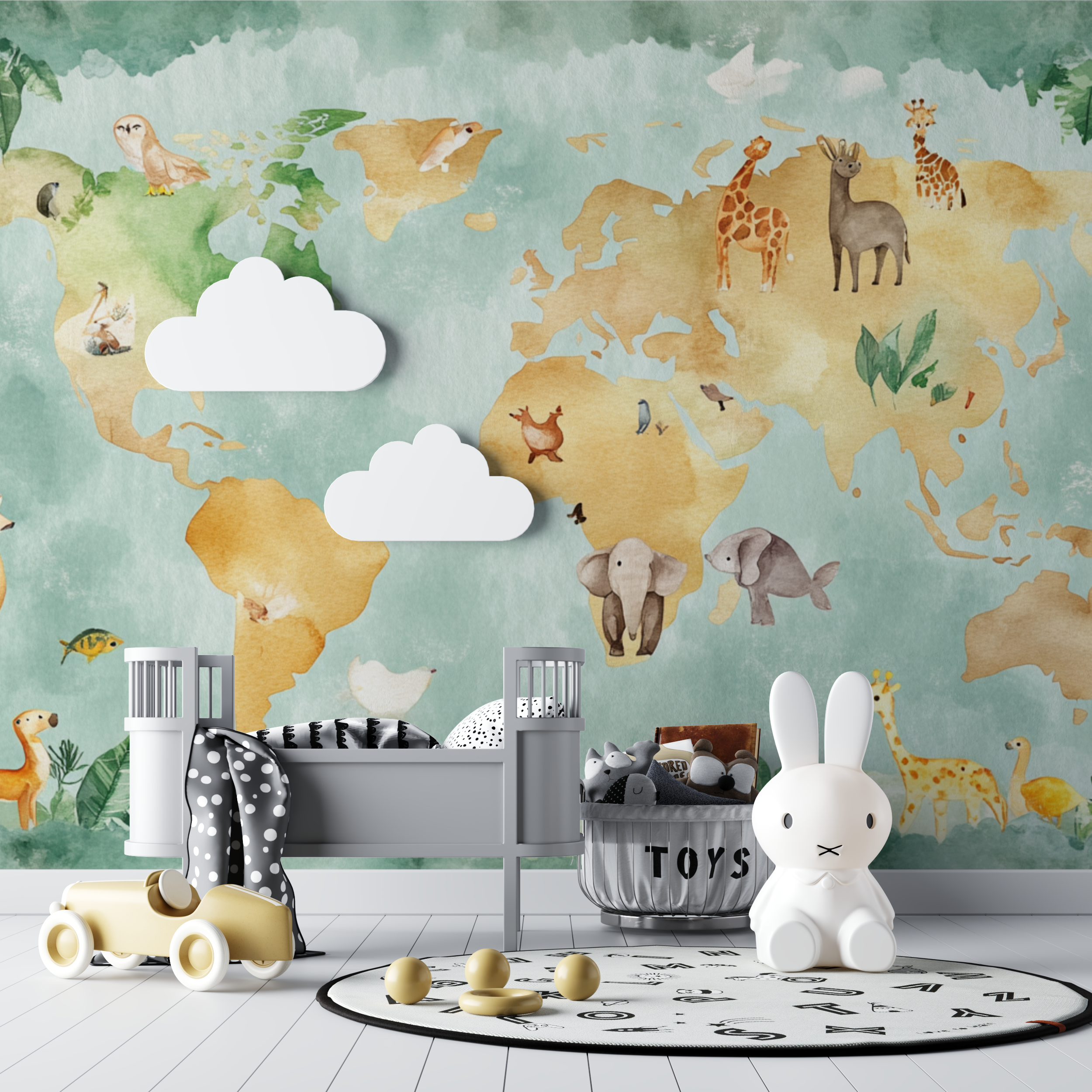 Papier peint carte du monde terre coloree animaux bebe tipi