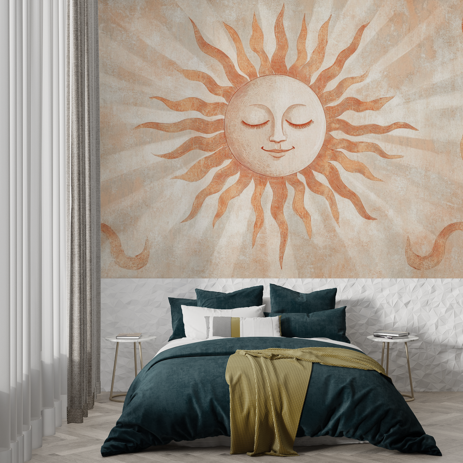 Papier peint terracotta avec soleil graphique trompe loeil