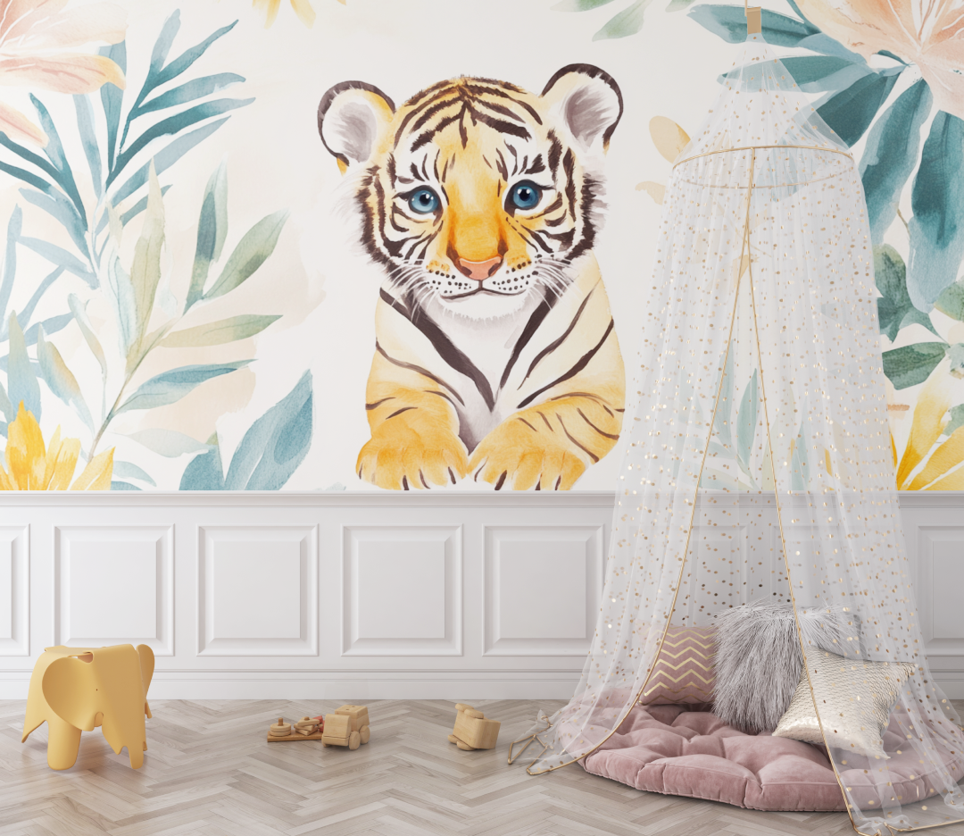 Papier peint tigre et motifs ethniques bebe
