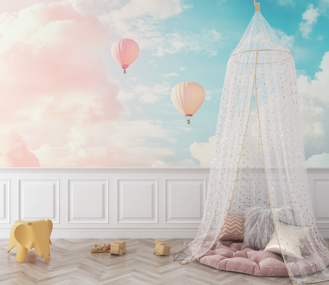 Papier peint montgolfiere et ciel de jour ensoleille bebe