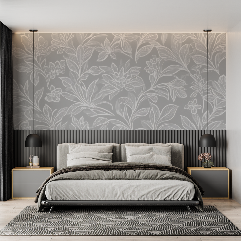 Papier Peint Floral Gris - panoramique mural