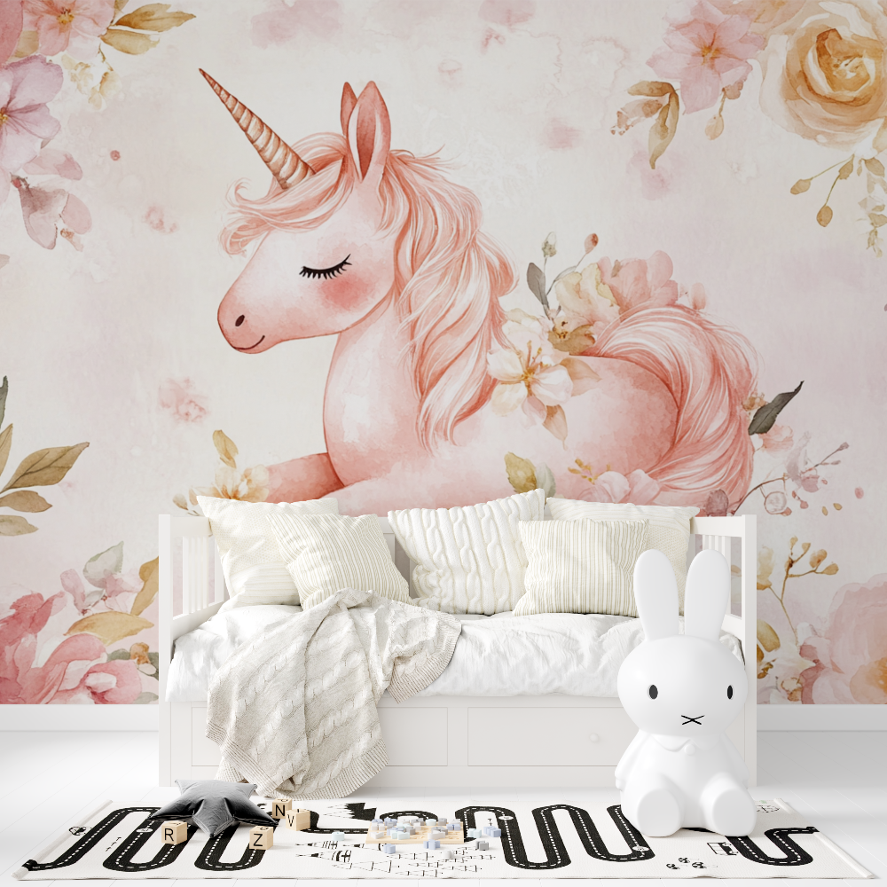 Papier peint licorne chambre en fleur tapisserie fille