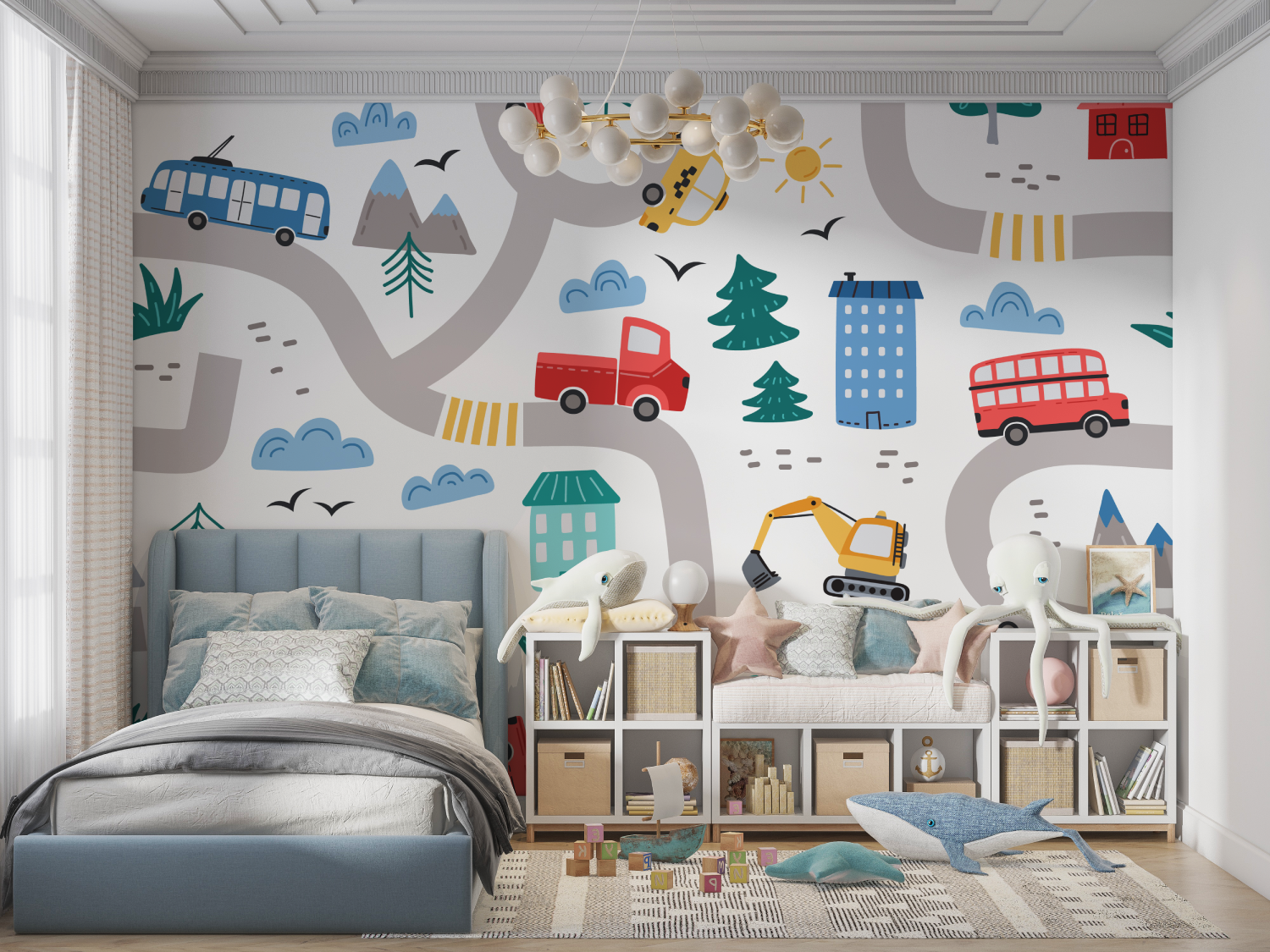 Papier peint poster enfant voiture panoramique garcon