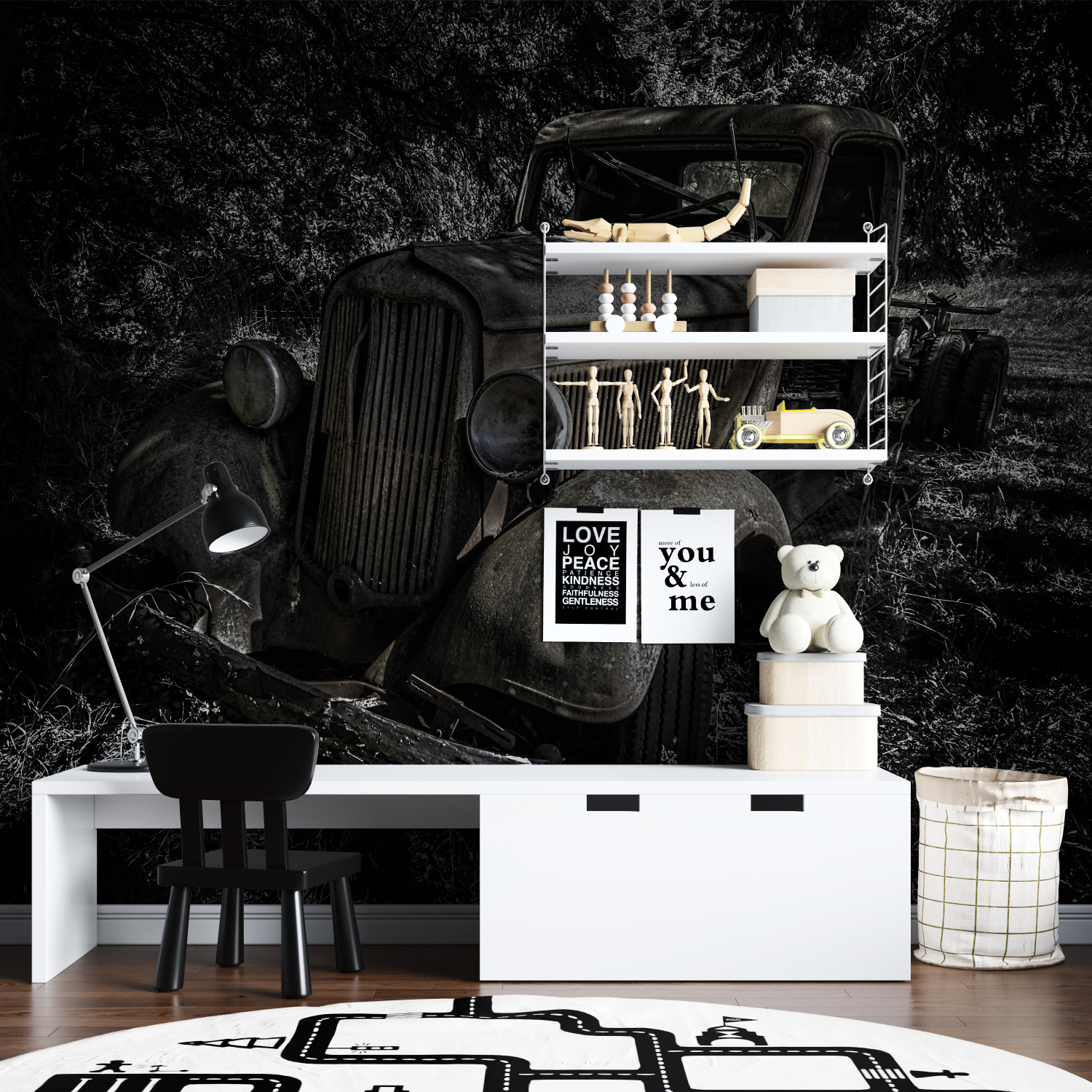 Papier peint noir et blanc meta... voiture tapisserie garcon