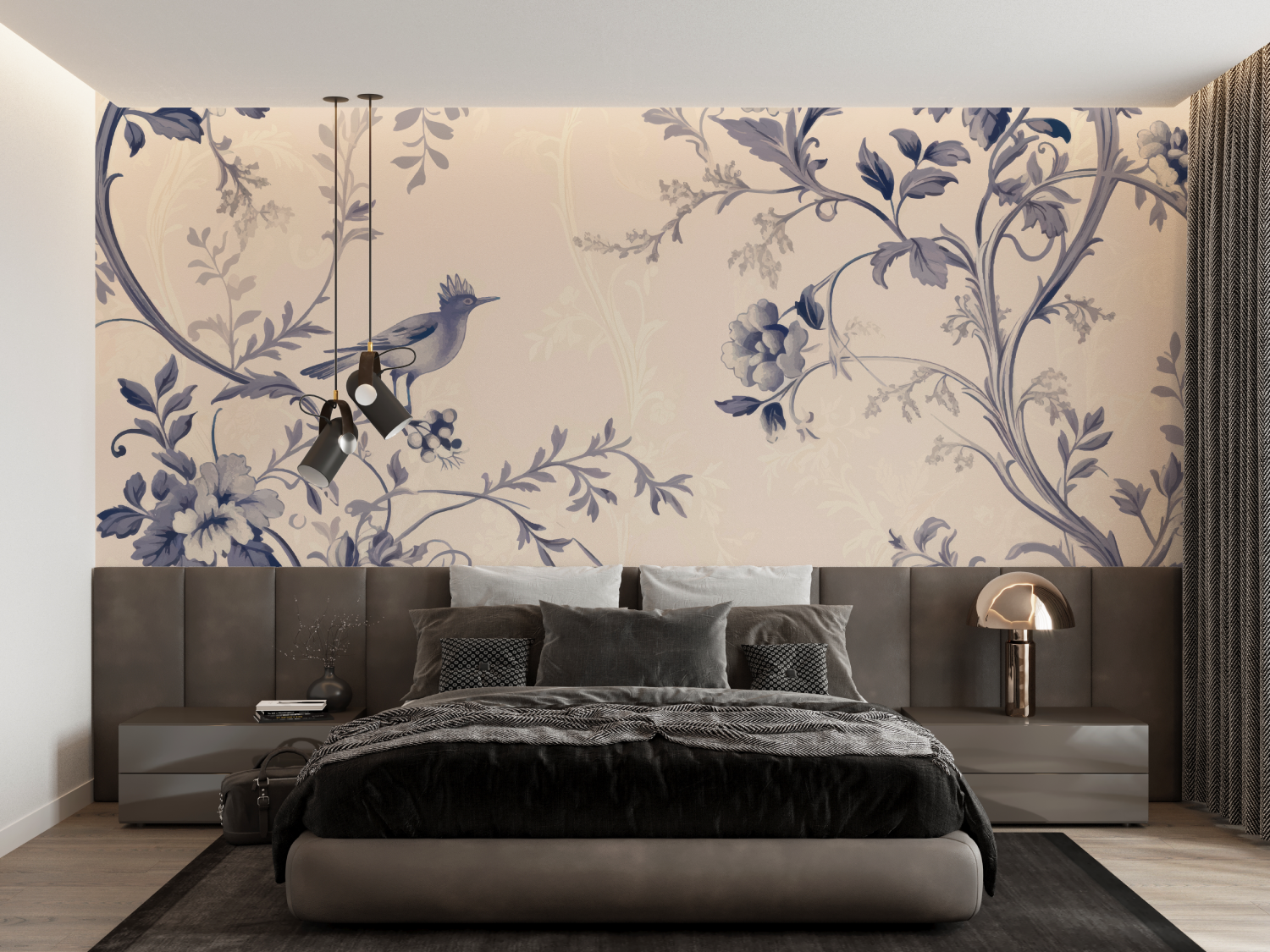 Papier Peint Toile De Jouy Ton Bleu - panoramique-mur