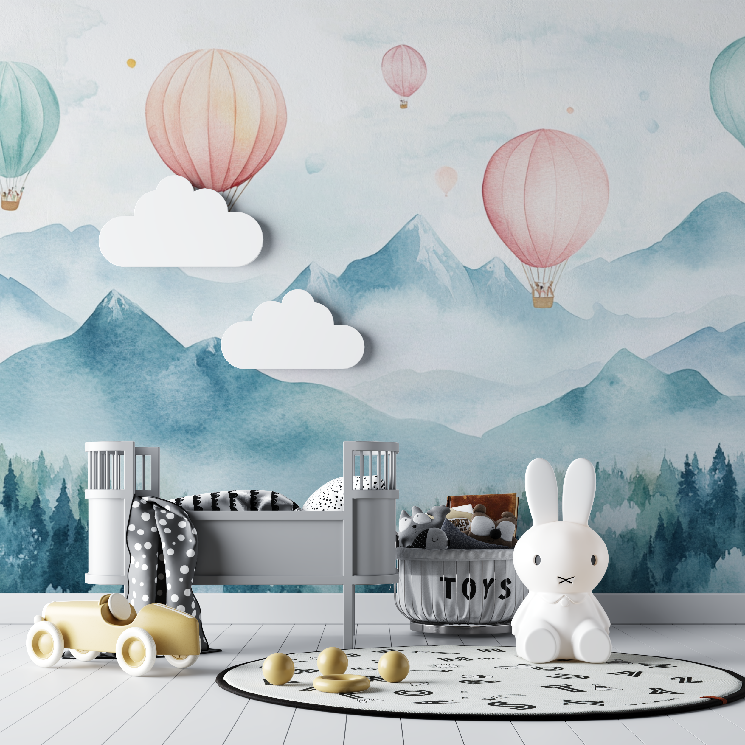 Papier peint montgolfiere et montagnes douces bebe tipi